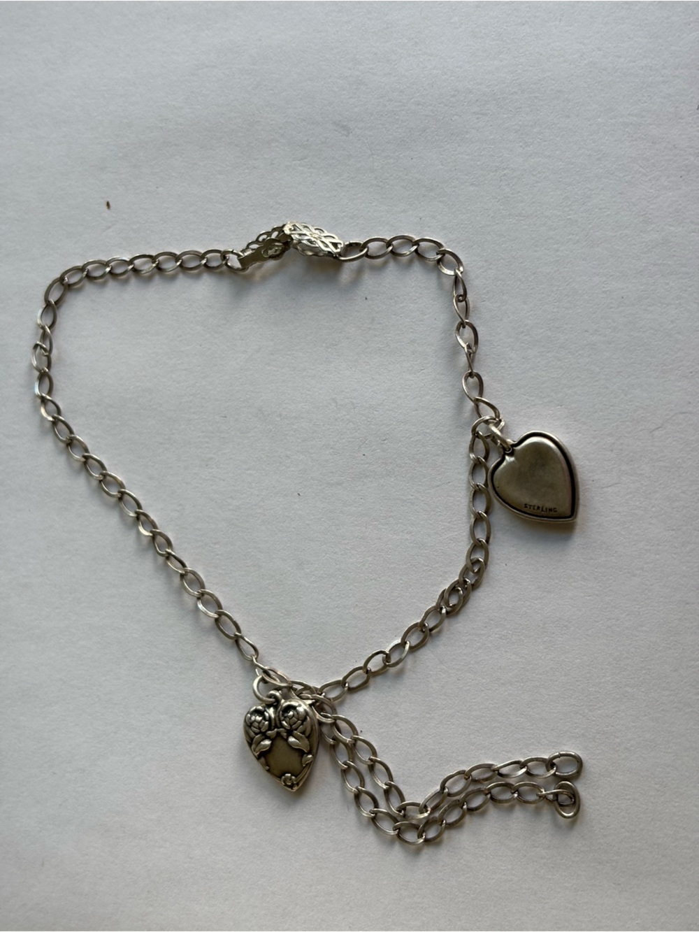 925 Vintage Sterling Silver Heart Charm Bracelet - Heart Dangle Accent